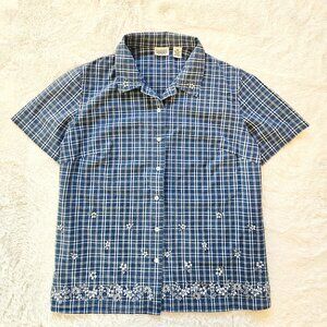 Classic Elements Women's Cottagecore Shirt Checked Floral Embroidery Size 1X